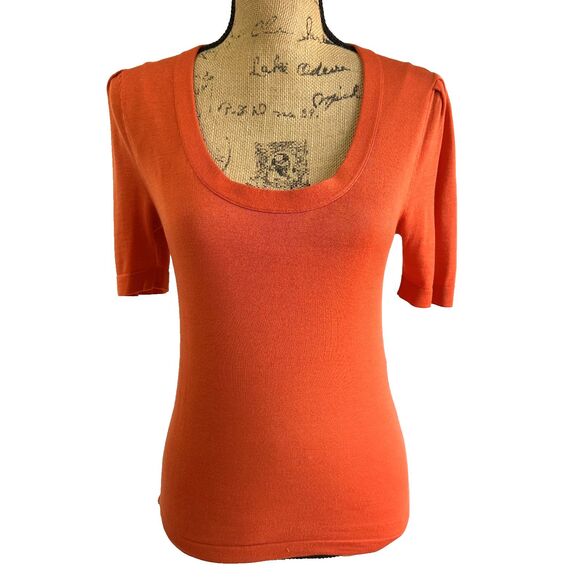 Balenciaga Women's Orange Short Sleeve Scoop Neck Knit Top Sweater Sz M - Picture 1 of 12